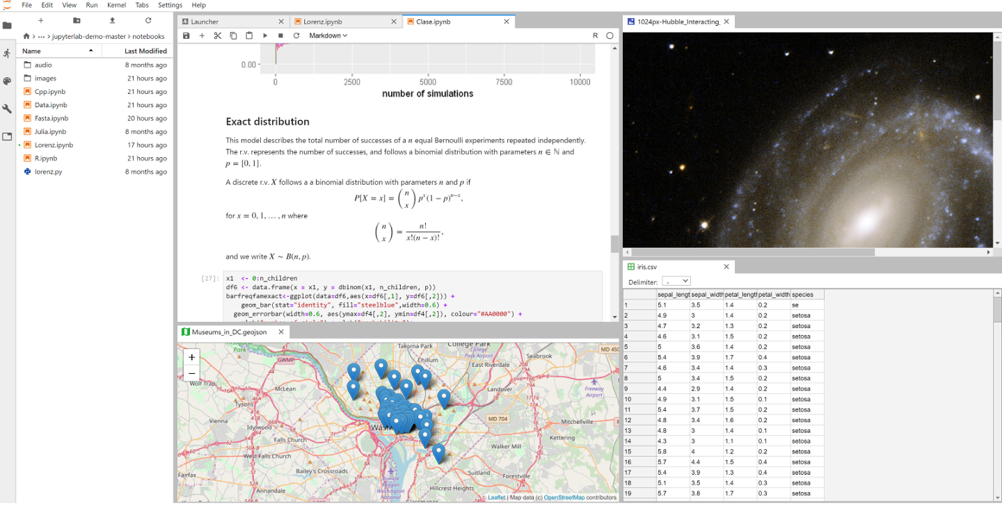 jupyterlab interface example, multiple tools showcasing data